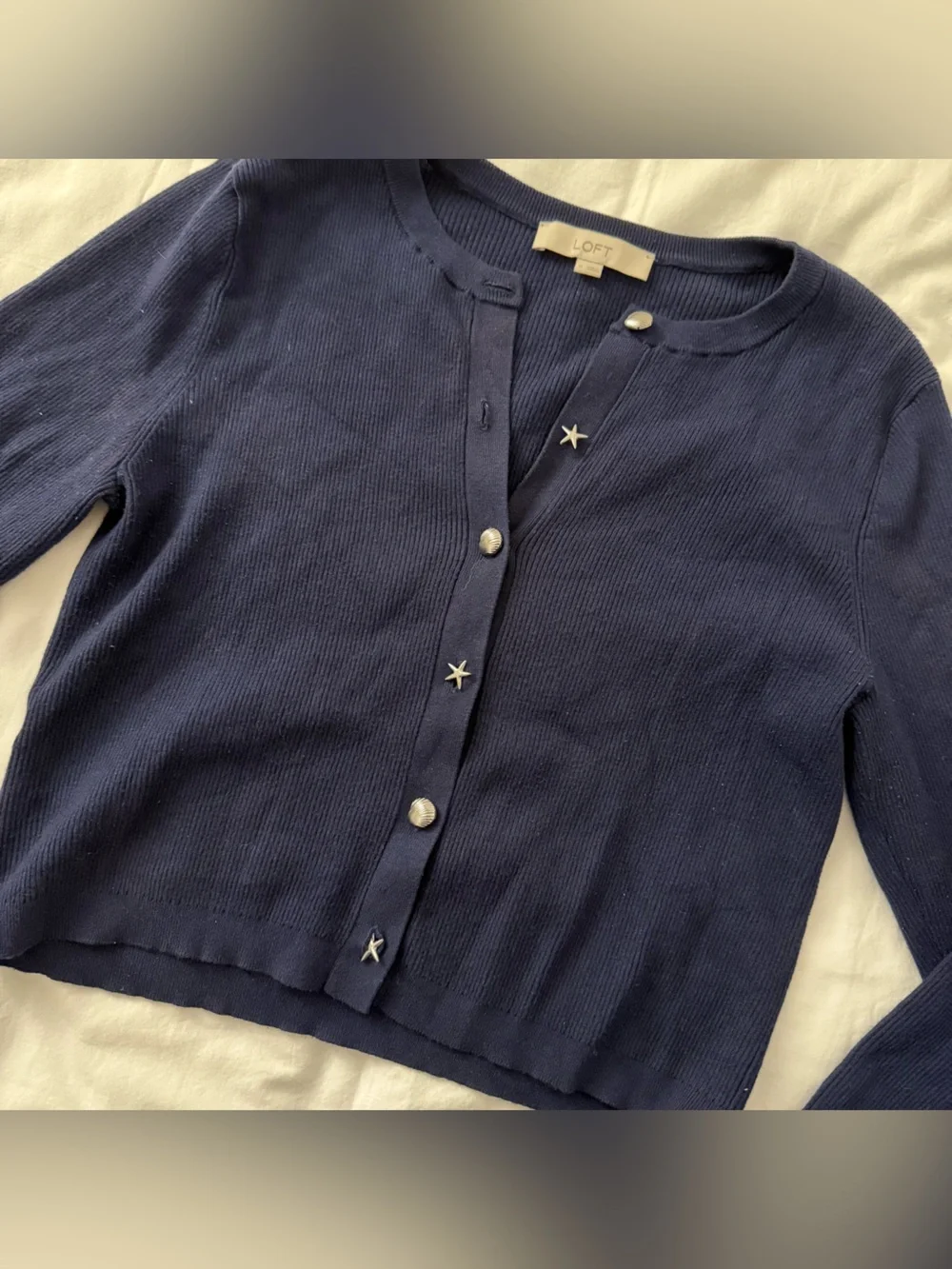 LOFT Starfish Shell Button Ribbed Cardigan Navy Blue Knit Sweater XL